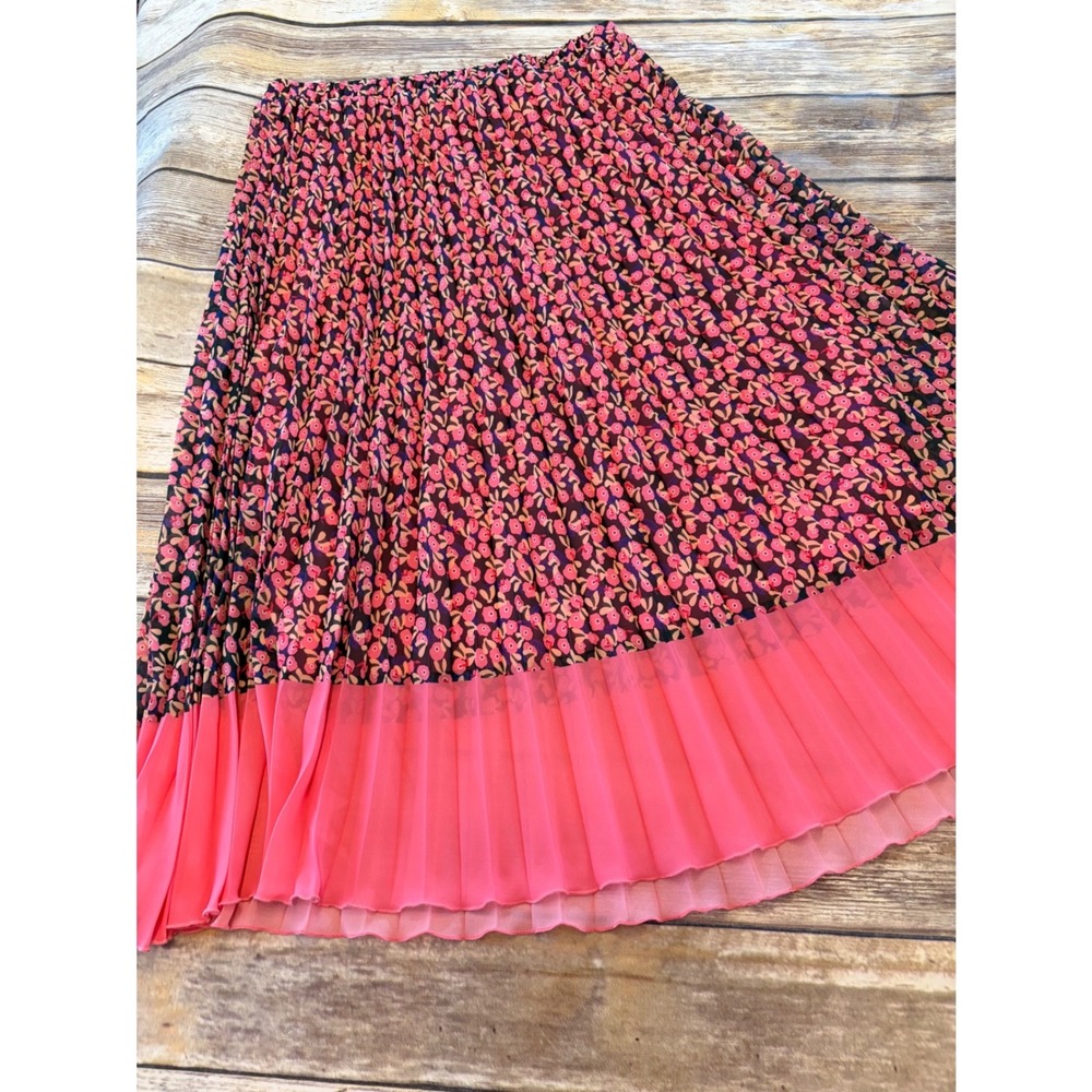 WD-NY Womens L Floral Pleated Midi Skirt Pink Twee Girly Cottage Dainty Preppy